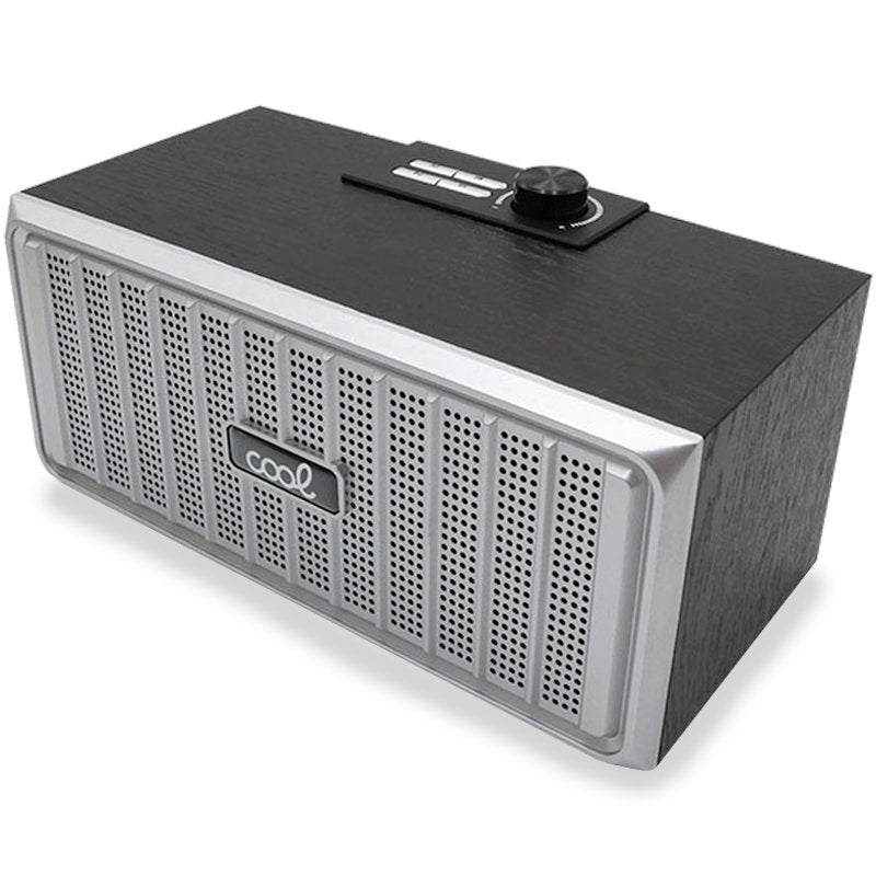 Universal Bluetooth Music Speaker, COOL Retro Brand (20W), Black Wood, Silver Front.