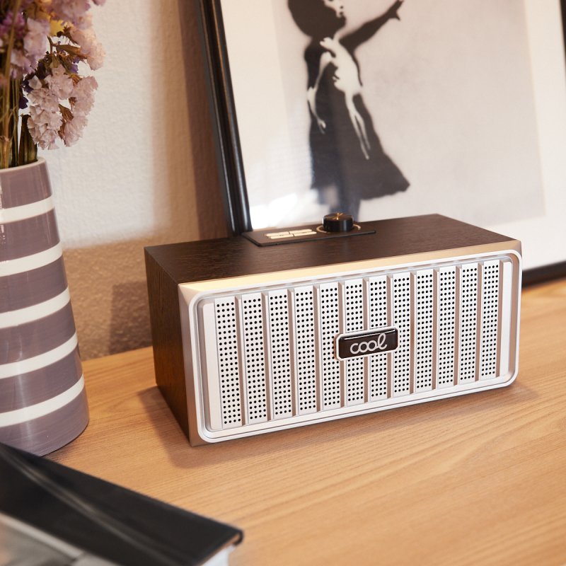 Universal Bluetooth Music Speaker, COOL Retro Brand (20W), Black Wood, Silver Front.