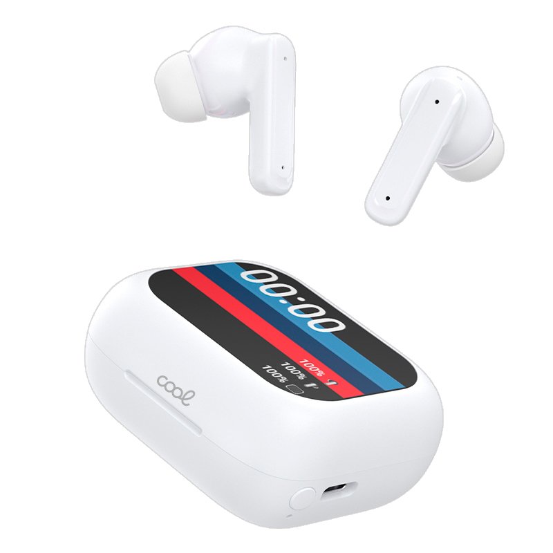 Stereo Bluetooth Earbuds with LCD Screen, COOL Ambient White