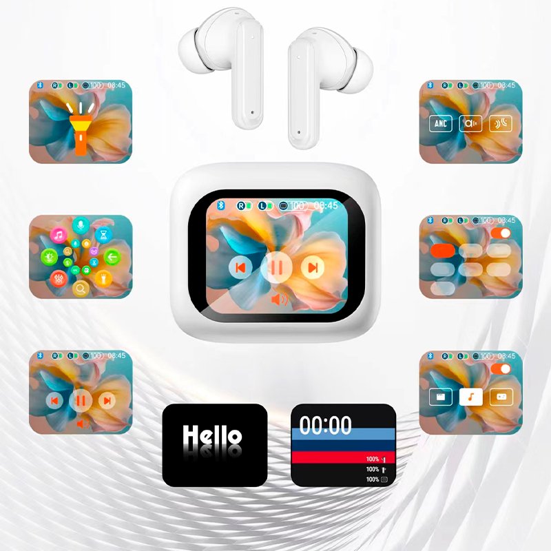 Stereo Bluetooth Earbuds with LCD Screen, COOL Ambient White