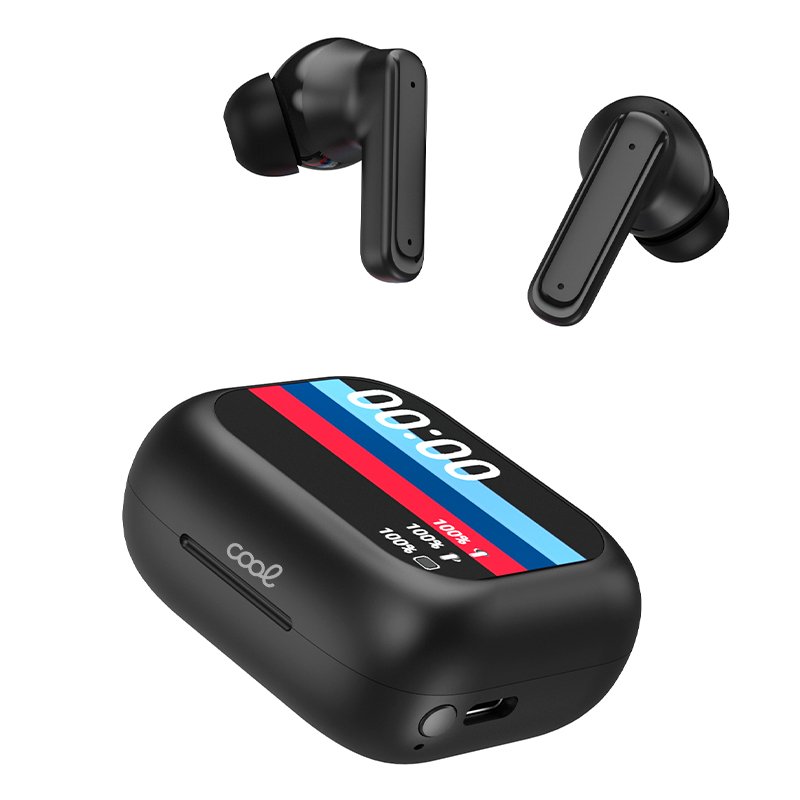 Bluetooth Stereo Earbuds with LCD Screen, COOL Ambient, Black