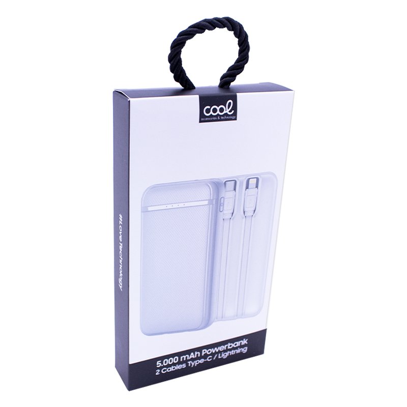 Bateria Externa Power Bank 5000 mAh COOL (2 Cables: TIPO C / Lightning) Blanco