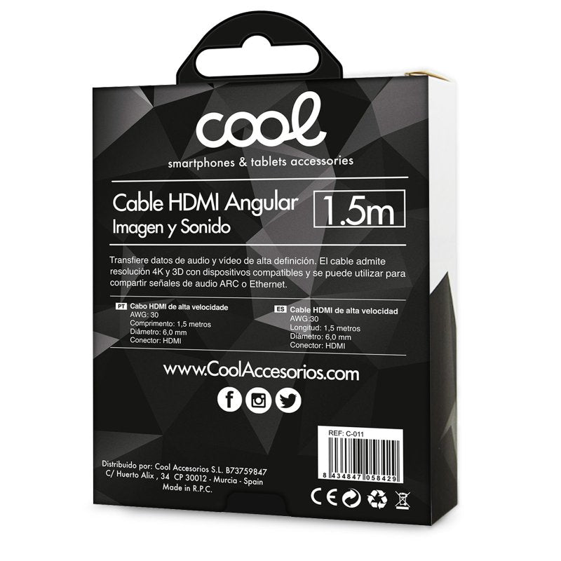 HDMI to HDMI Audio-Video Cable, Universal (1.5 meters), Angled, Ultra 4K, COOL