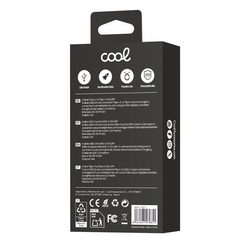 COOL Universal USB Cable, Type-C to Type-C (1 meter), Black, 3 Amp