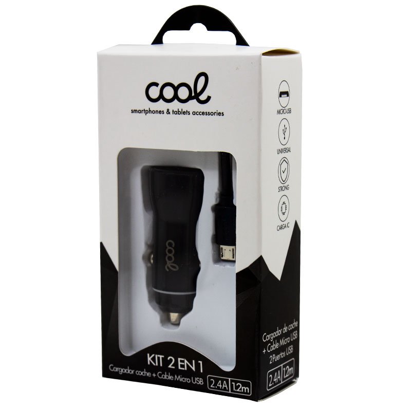 Car Charger MicroUSB Cable (2 x USB) COOL 2.4A 2-in-1 Kit Black