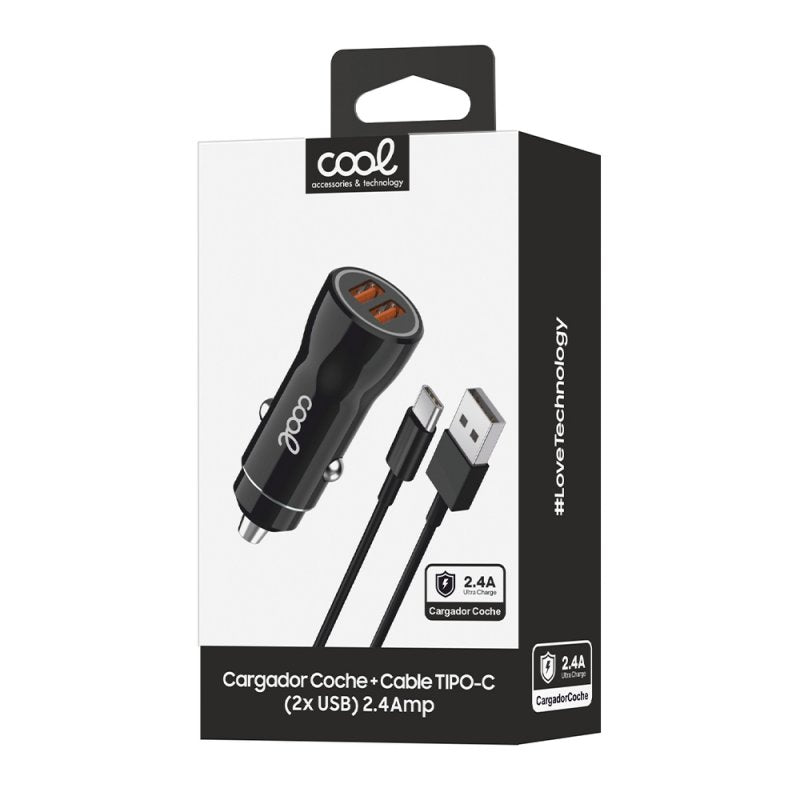 Car Charger Type C Cable (2 x USB) COOL 2.4A 2-in-1 Kit Black
