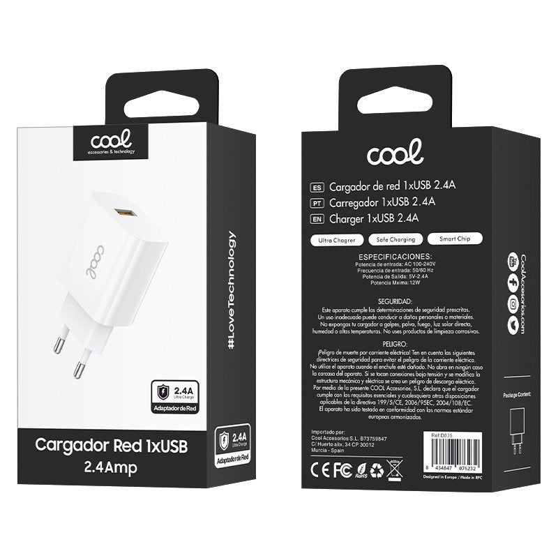 Universal COOL 1x USB Wall Charger Adapter (2.4 Amp) White