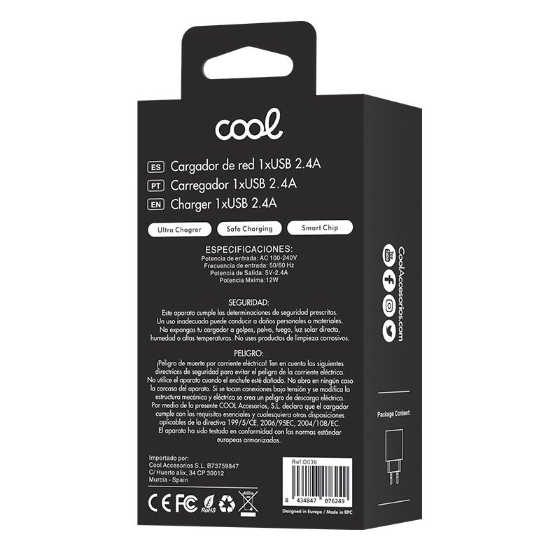 COOL Universal 1x USB Wall Charger Adapter (2.4 Amp) Black