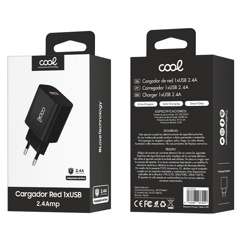 COOL Universal 1x USB Wall Charger Adapter (2.4 Amp) Black