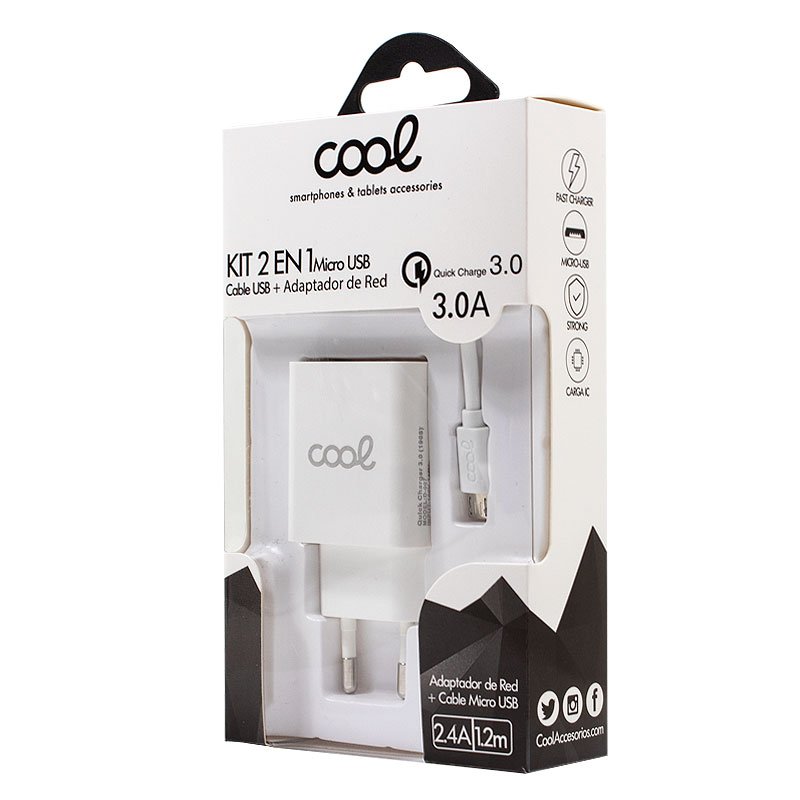 Universal 3Amp Micro-USB Charger (Fast Charging) COOL 2-in-1 Kit White