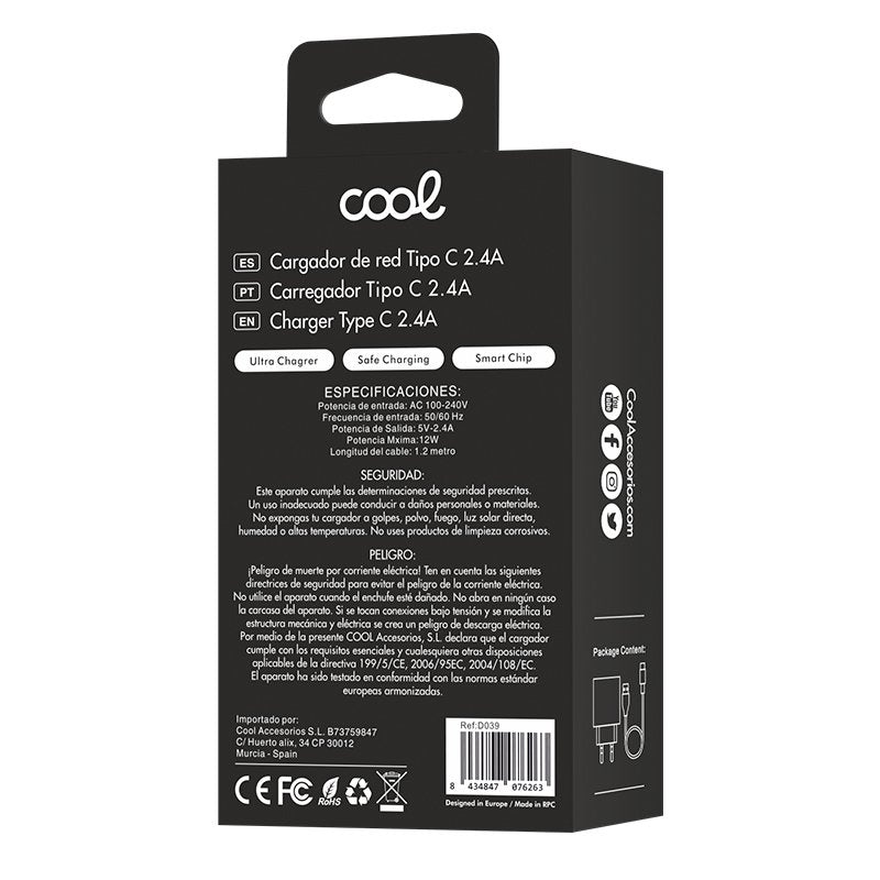 Universal 2-in-1 Black COOL Kit Type-C Connector Charger (2.4 Amp)