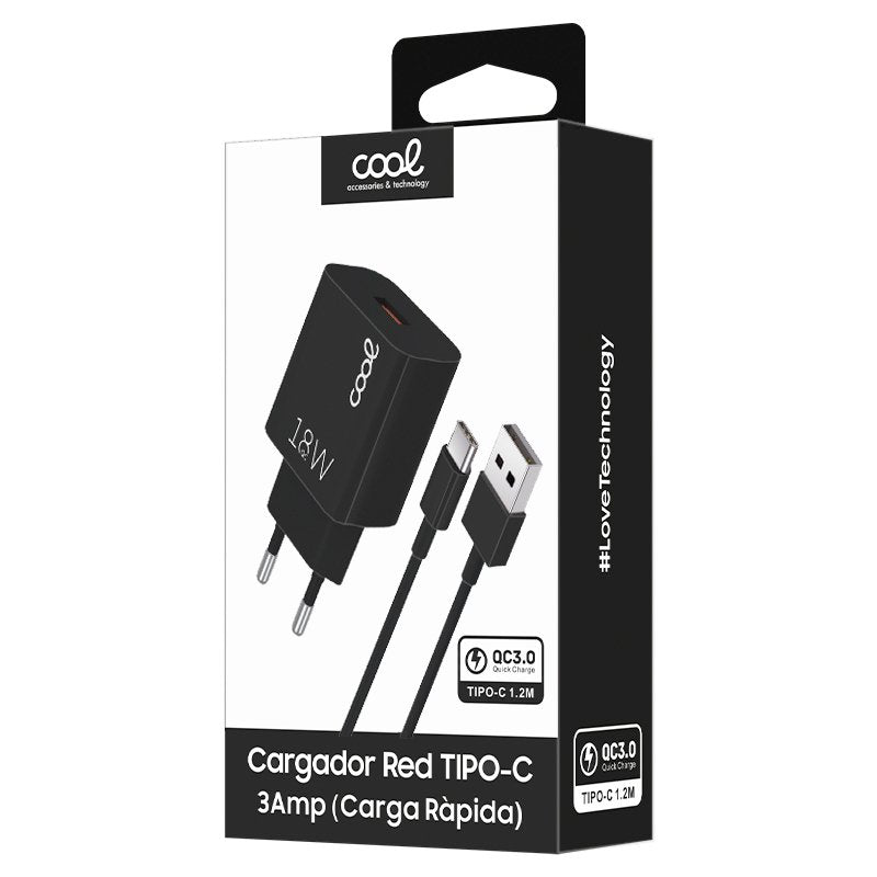 Universal 3Amp Type-C Connector Wall Charger (Fast Charging) COOL 2-in-1 Kit Black