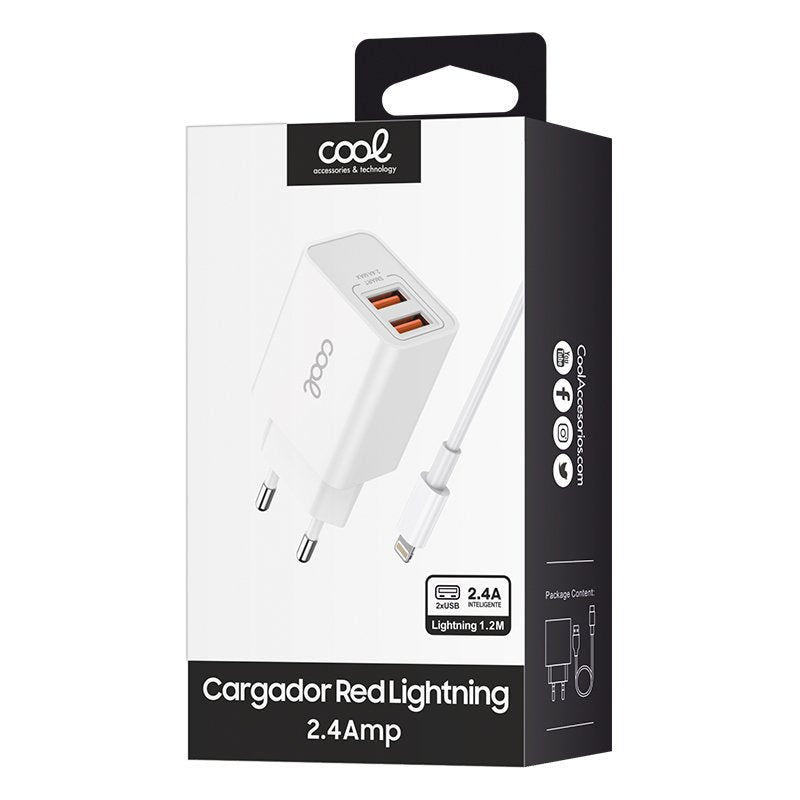 Red Charger for iPhone COOL 2 x USB + 1.2m Lightning Cable (2.4 Amp)