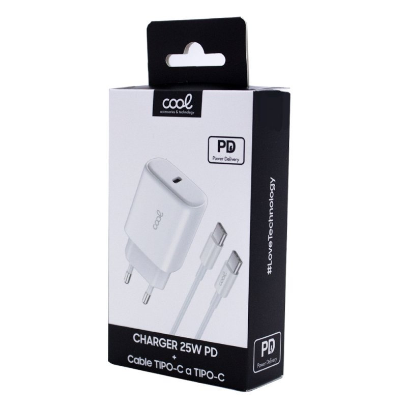 Universal Fast Adapt. (PD) Type-C COOL Charger (25W) White + Type-C to Type-C Cable