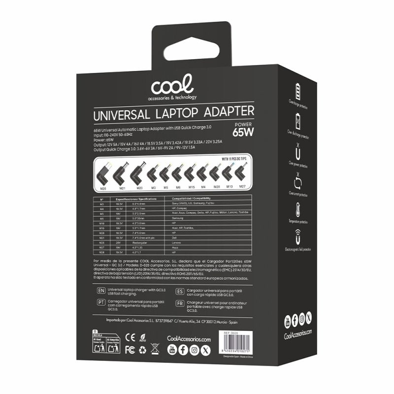 Universal AC Charger for Laptops 65w Automatic COOL + 11 connectors (USB QC3.0)