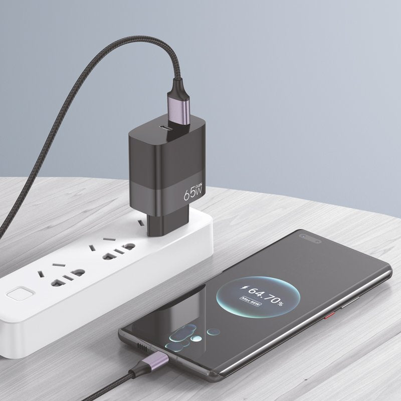 Universal Ultra Fast PD Type-C + USB COOL Charger (65W + Type-C Cable) GaN Black