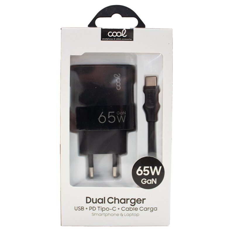 Universal Ultra Fast PD Type-C + USB COOL Charger (65W + Type-C Cable) GaN Black