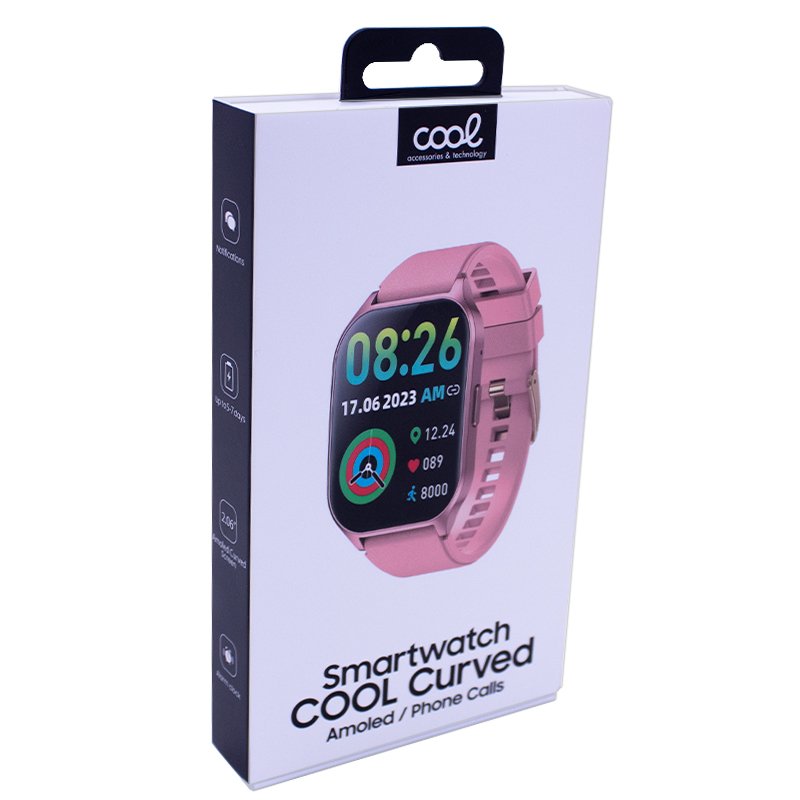 COOL Smartwatch with Curved AMOLED Screen, Pink Silicone Strap (Calls, Health, Sports)